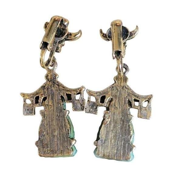 Rare Vintage Ambasador MCM Jadeite Buddha Pagoda Dangle Clip Seed Pearl Earrings - Picture 3 of 6
